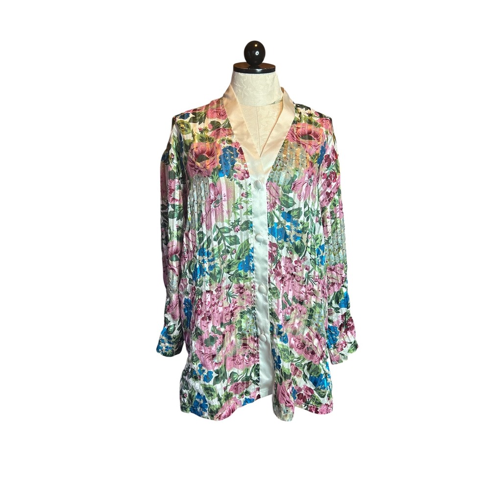 Victorias Secret VTG Gold Label Floral Metallic Stripe Sleep Shirt Top Sz L